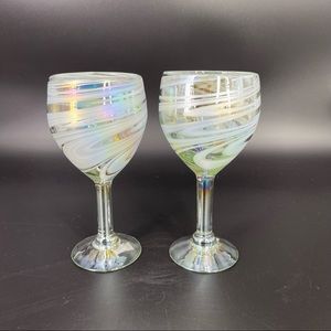 New Handblown Eco-Friendly Wine Glasses Iridescent Reflections, "White Threads"